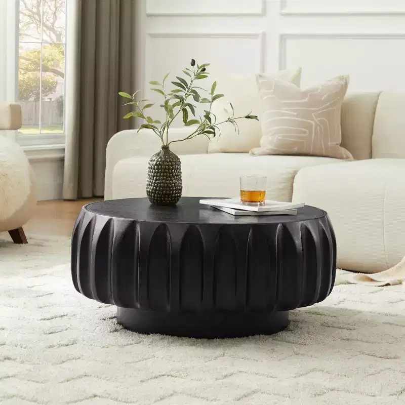 31.5 Round Wood Coffee Table, Mid-Century Modern Fluted Wood Carved Center Table for Living Room or Apartment