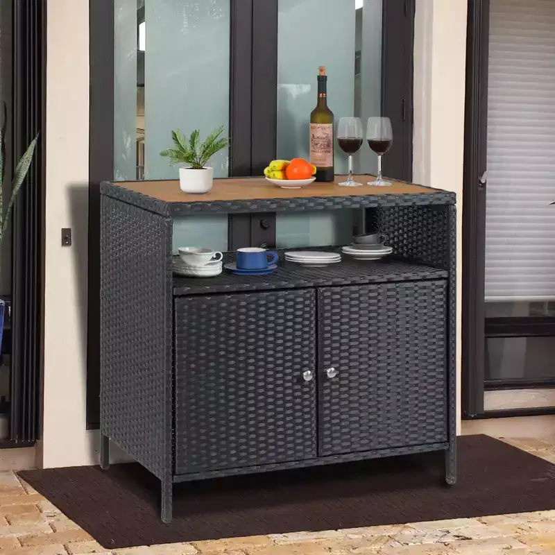 Outdoor Storage Cabinet with Doors - Weatherproof Rattan Patio Storage Box & Bar Table