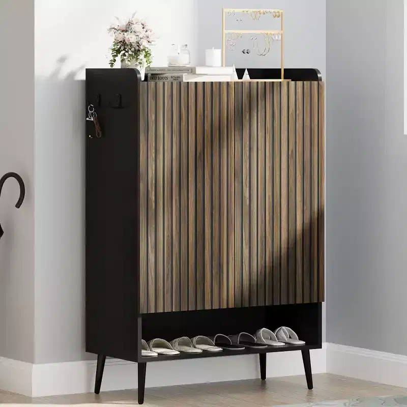 6-Tier Shoe Storage Cabinet Large Capacity Organizer with Boot Section Convenient Hooks for Modern Entryways Brown Black