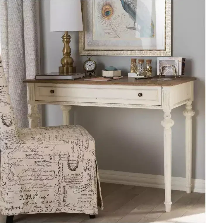 White & Oak French Provincial Writing Desk, 1-Person, 1 Drawer