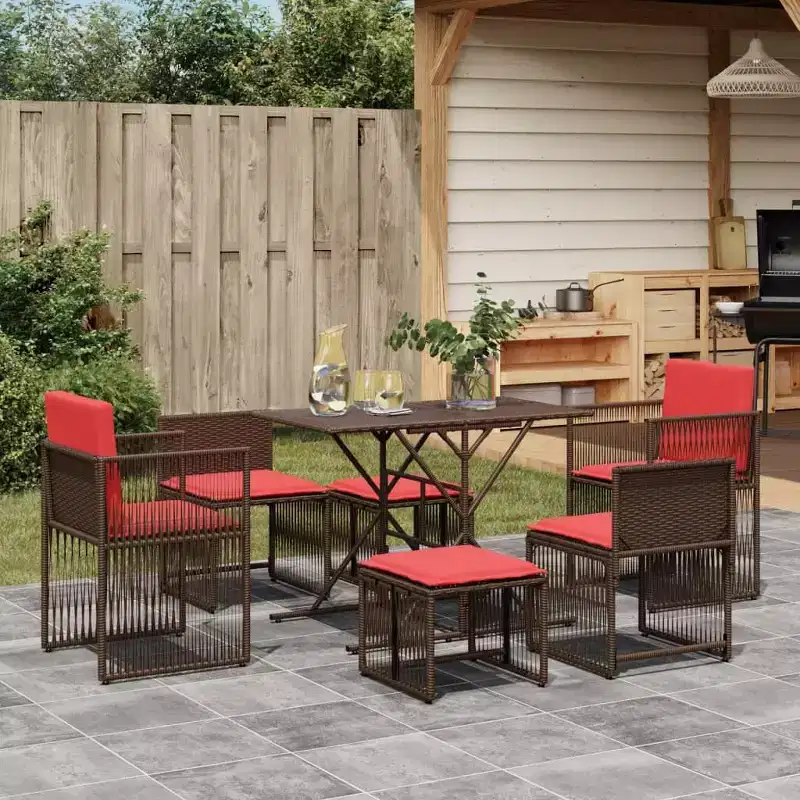 vidaXL Patio Dining Set with Cushions 7 Piece Poly Rattan Brown/Gray/Black