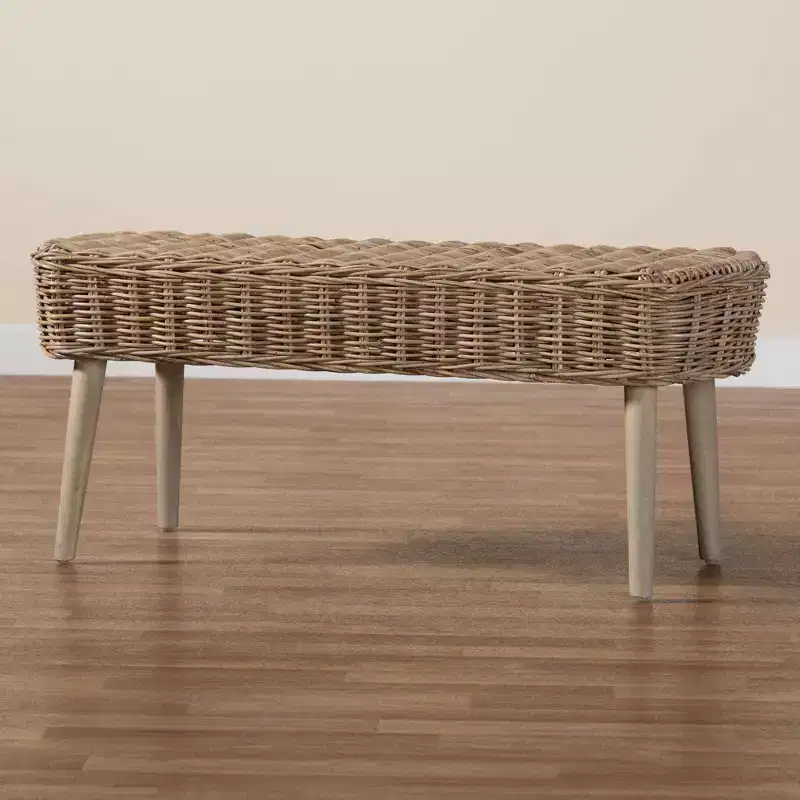 &  Natural Kubu Rattan and Acacia Wood Accent Bench Gray