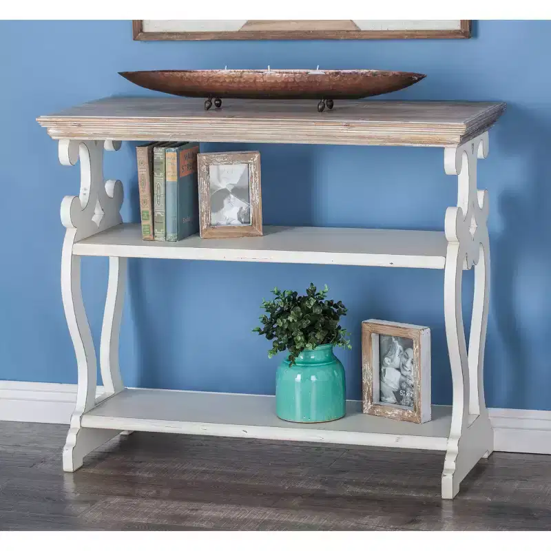 Farmhouse Wood Console Table with 2 Shelves, Off White