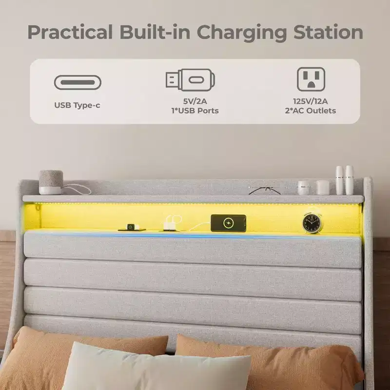Full Size Platform Bed Frame with Storage Headboard, Charging Station & LED Lights - Upholstered, No Box Spring Needed, Beige