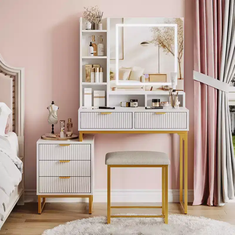 Makeup Vanity Desk with 3 Adjustable Lighting Colors, Dressing Table With Drawers & Cushioned Stool
