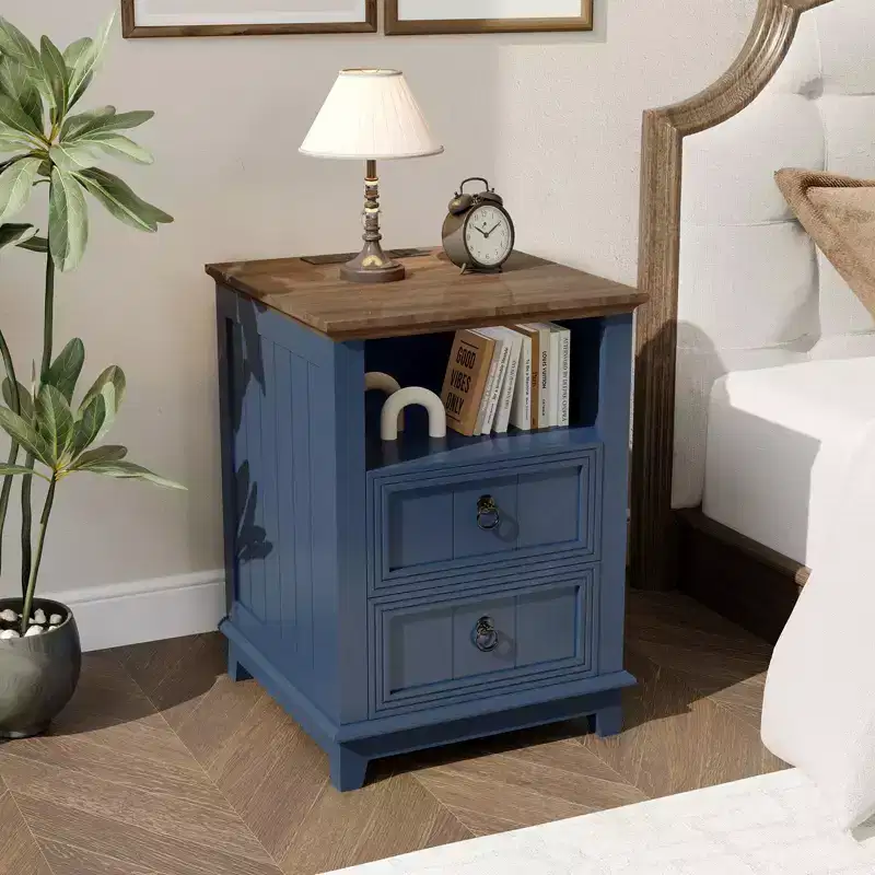 18 Fluted Wood Nightstand,Modern 2-Drawer Bedside Table with Charging Station & Shelf, Blue End Table for Bedroom, Office, Dorm