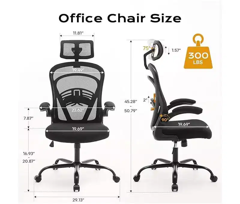 Ergonomic High-Back Mesh Office Chair  Turn-Up Armrests, Headrest, Wheels  300 lbs Capacity, Swivel Executive Computer Desk Chair
