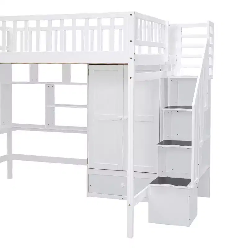 Wood Full Size Loft Bed with Bookshelf, Desk, Drawers & Wardrobe 94.4''L x 57''W