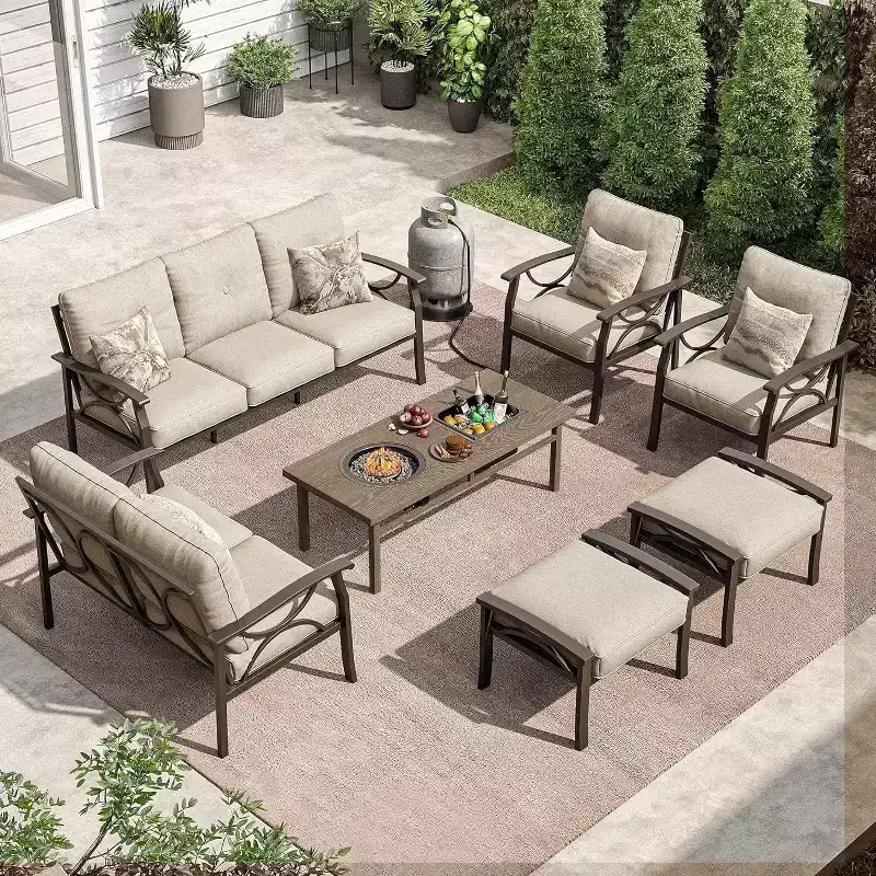 Heynemo Outdoor Patio Furniture Set, 7 Piece Patio Seating Set with Fire Table and Ottomans, Metal Furniture Set for Porch Backyard Garden