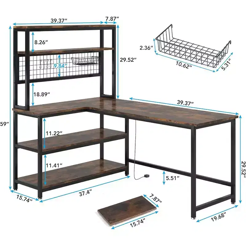Lantine L-Shaped Computer Desk 55 Inch Reversible Office Desk Study Writing Table with Wireless Charging and Bookshelf for Home Office, Brown