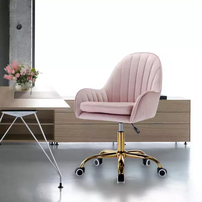 Velvet Desk Chair with Golden Metal Base, Adjustable Height Vanity Chair for Living Room, Study, Pink