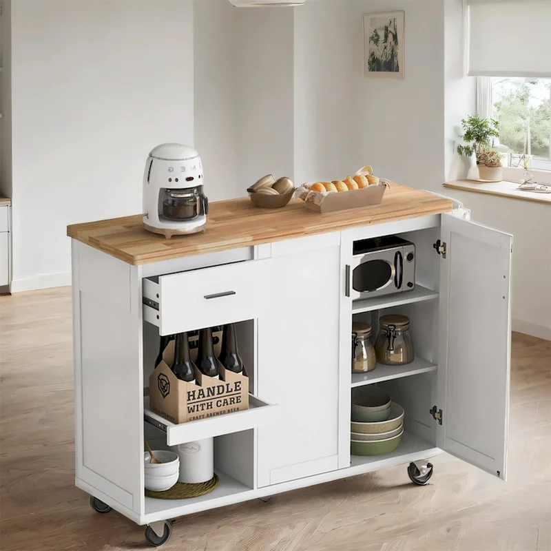 Rolling Kitchen Island with Foldable Countertop – White / Blue, Drawer & Cabinets, 1–4 Person Use