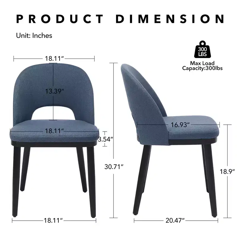 Set of 2 Modern Fabric Upholstered Dining Chairs with Ergonomic Back & Oak Wood Legs
