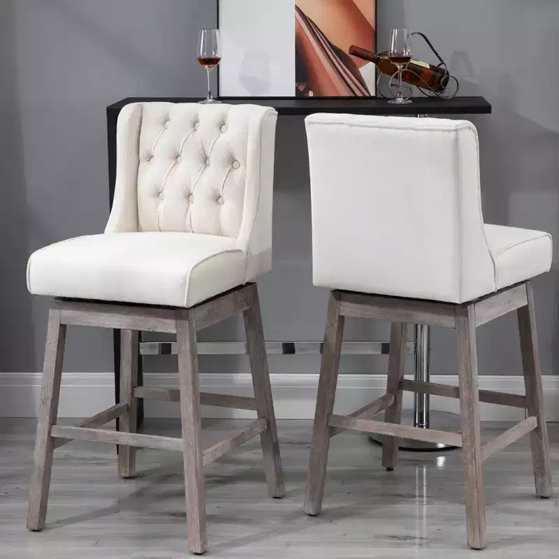 HOMCOM Bar Height Bar Stools Set of 2, 180 Degree Swivel Kitchen Island Stool, 30 Seat Height with Wood Footrests, Button Tufting
