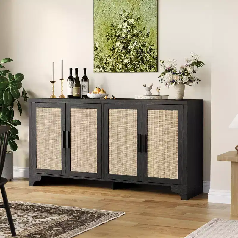 4-Door Sideboard Buffet Cabinet, Natural Rattan Credenza Storage Cabinet, Boho Entryway Console Table, Coffee Bar Station for Dining Room