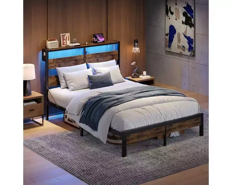 Walnut / Black / Grey Twin Platform Bed Frame with LED Lights & Charging Station, Single