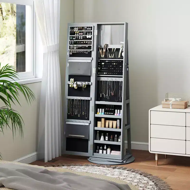 HOMCOM Jewelry Cabinet, 360 Swivel Jewelry Armoire with Full-Length Mirror, Storage Shelves, Interior Small Mirror, for Bedroom Living Room