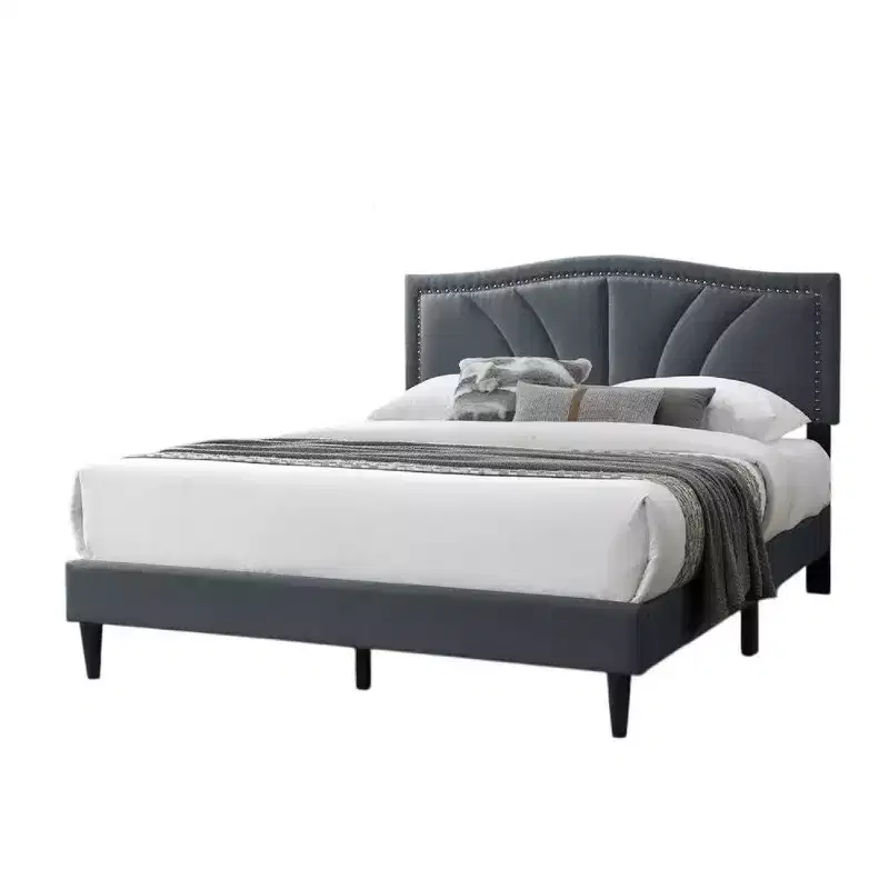 Royal Hampton Queen Size Bed, Charcoal Gray Burlap Upholstered Curved Headboard