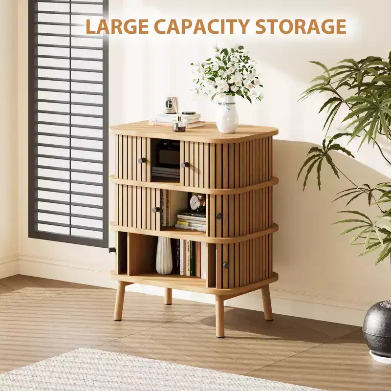 Storage Cabinet, Mid-Century Modern 3-Drawer Dresser with Sliding Door, Natural Wicker & Wooden Legs for Bedroom Living Room