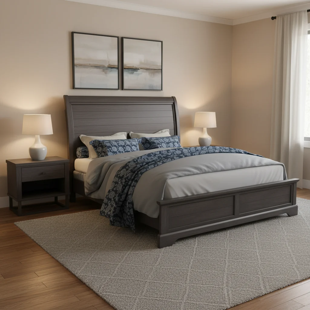 Traditional Queen Size Sleigh Bed, Solid Pine with Mahogany Finish