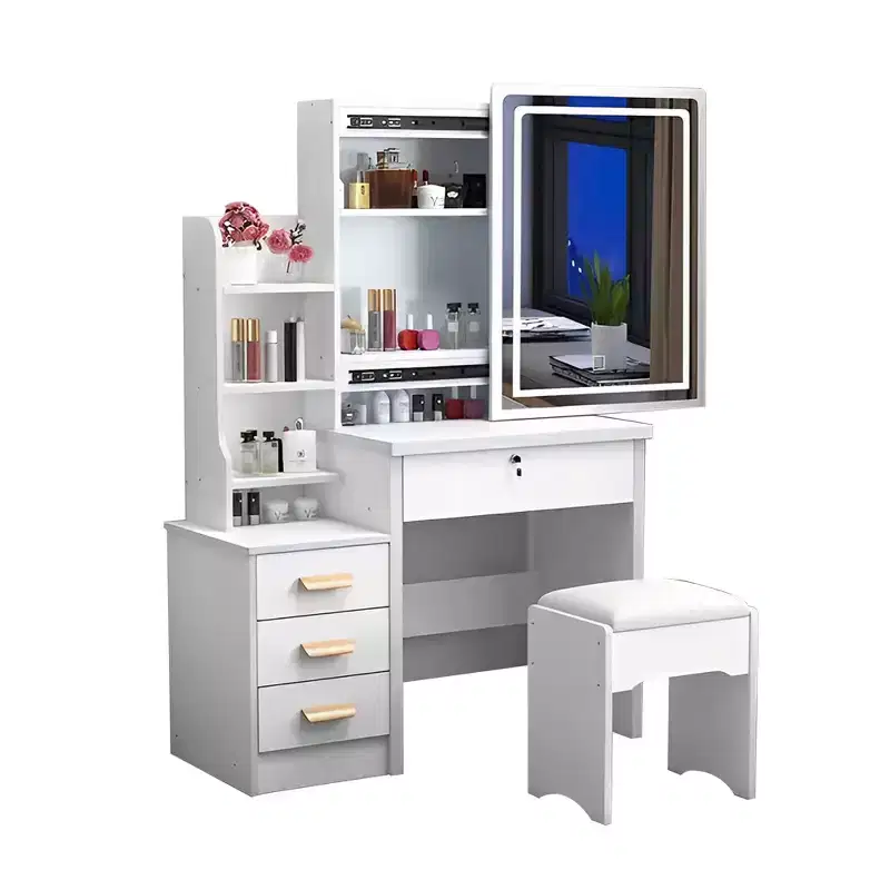 34.8'' Modern Mirror Vanity Desk with Lights, 1 Chair, 4 Drawers and Open Shelves