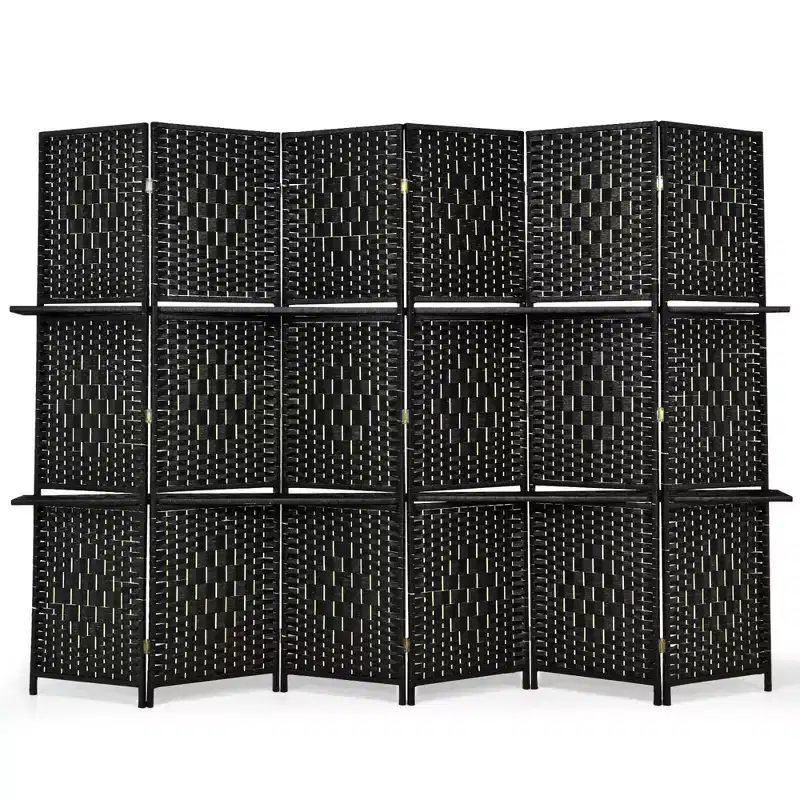 Costway 6 Panel Folding Room Divider 6Ft Weave Fiber Screen W/ 2 Display Shelves