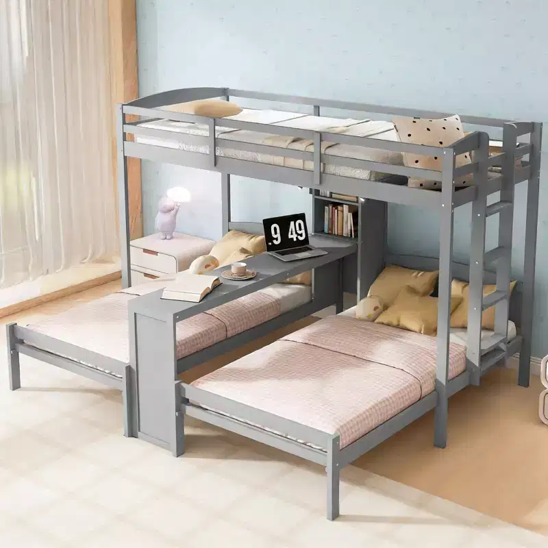 Luxystar Twin over Twin and Twin Bunk Bed with Built-in Desk, Bookcase and Lights