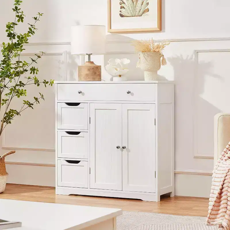 Dcolora Bathroom Free-Standing Floor Cabinet, Practical Storage Cabinet with 4 Drawers and 2 Doors