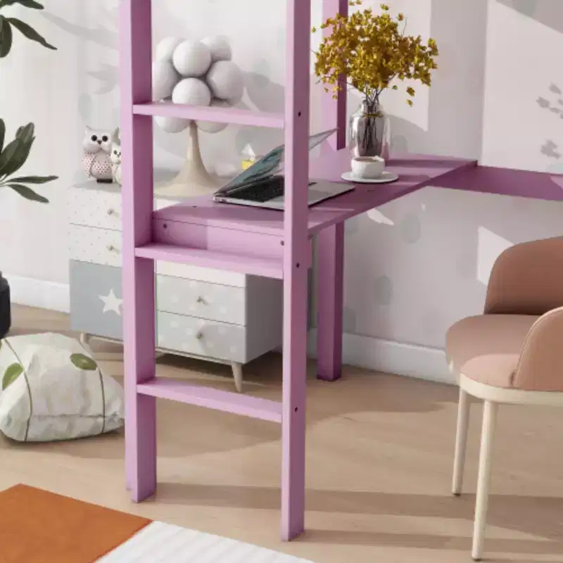 Twin High Loft Bed with Safety Guardrail & Integrated Desk, Solid Rubberwood, 66.5