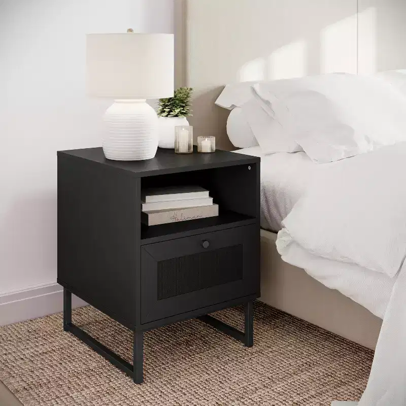 Mid-Century Modern Nightstand with Rattan Accented Drawer, Open Upper Shelf, and Metal Legs