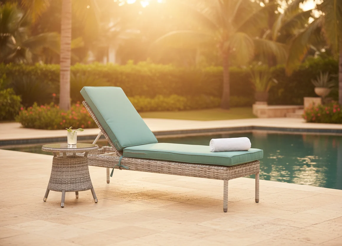 Outdoor Wicker Chaise Lounge with Cushions Ice Finish