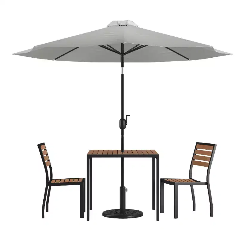 Emma and Oliver 5 Piece Patio Table Set - Synthetic Faux Teak Stackable Chairs - Faux Teak Table - Umbrella with Base
