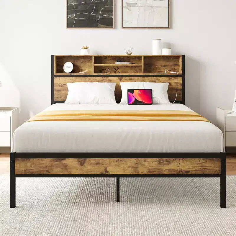 Full Size Bed Frame with Storage Headboard, Metal Platform Bed with Charging Station, Bookcase Storage, No Box Spring Needed, Easy Assembly