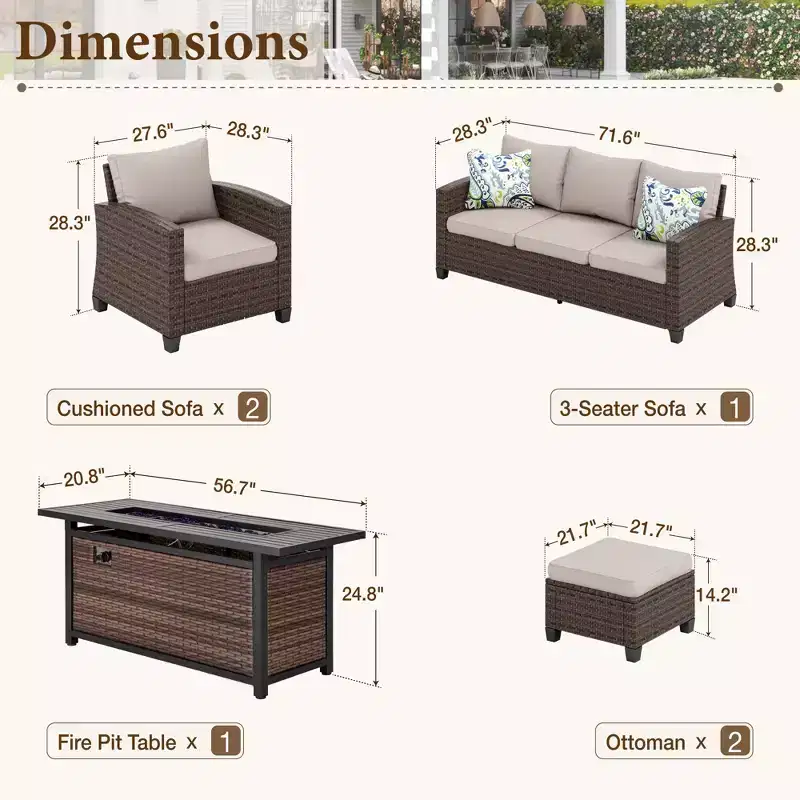 Captiva Designs 6pc Outdoor Patio Wicker Rattan Fire Pit Set with Cushioned Ottomans and Armchairs