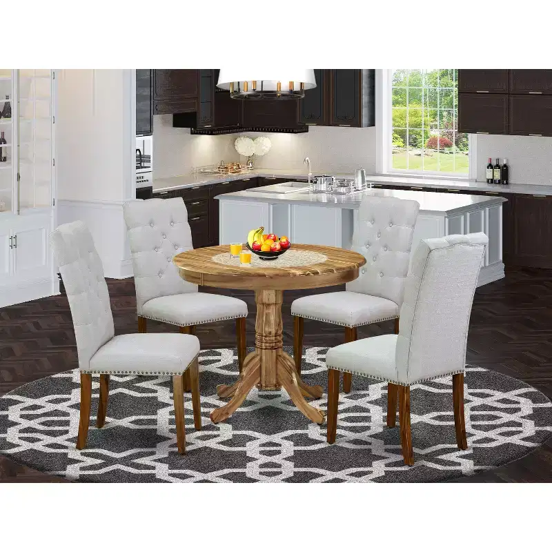 HomeStock Round Kitchen Table Set for 4 Fabric Chairs Midcentury Style 123