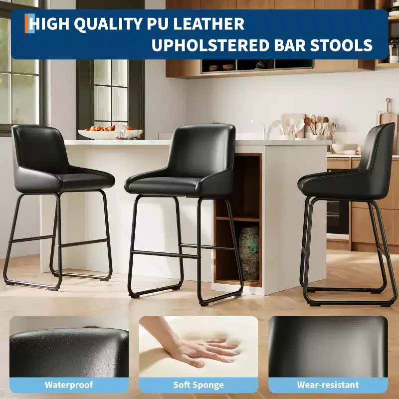 Bar Stools Set of 3, 24 Inch Counter Height Barstools with Back, Modern PU Leather Upholstered Bar Chairs