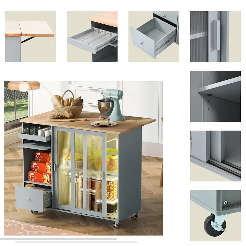 44 in. W Kitchen Island Rubber Wood Drop-Leaf Countertop on 5 Wheels with an Adjustable Shelf and 2 Drawers - 44