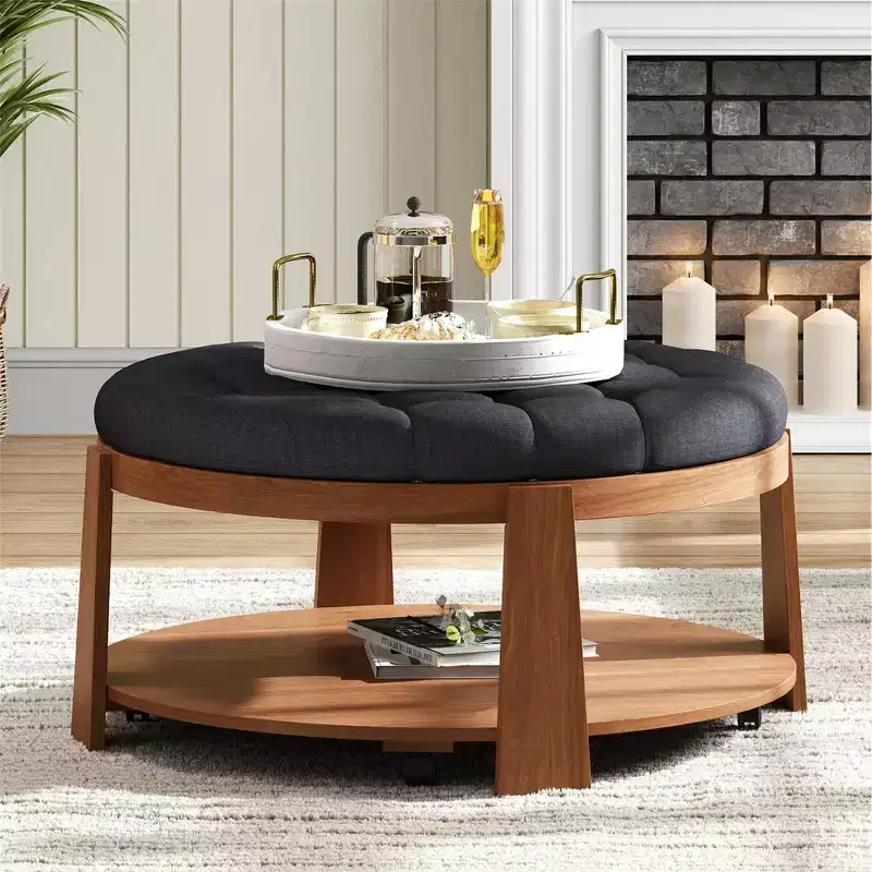 36W Upholstered Coffee Table Cocktail Table Center Table 2-Tier Ottoman Footrest with Storage Shelf and Wheels, Button Tufted and Waterproof-ModernLu
