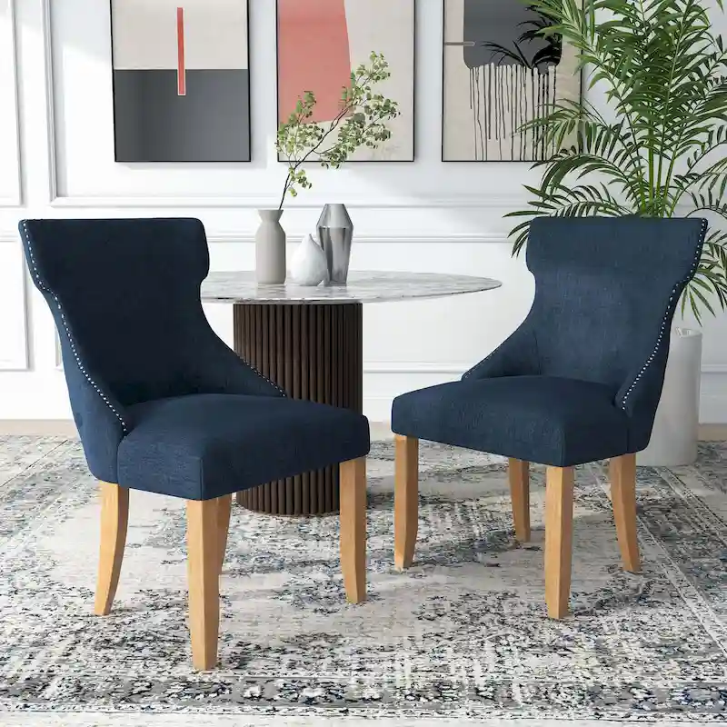 Light Grey / Ivory / Blue / Dark Blue Wingback Linen Dining Chair, Set of 2