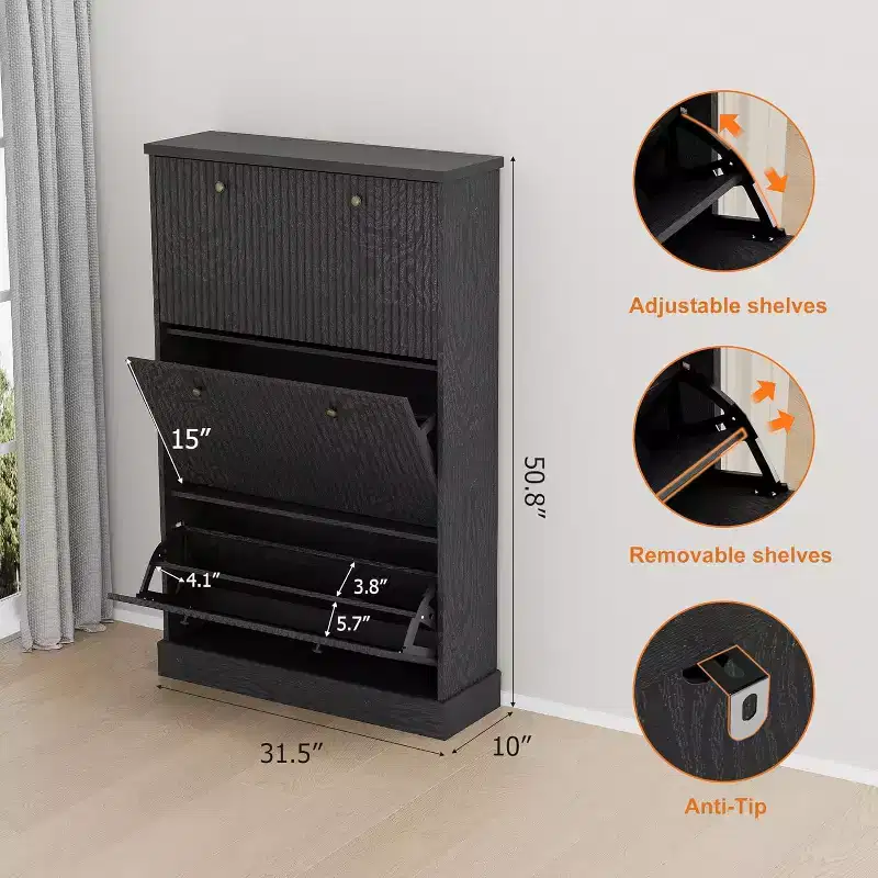 Shoe Cabinet with 3 Flip Drawers,Fluted Storage Cabinet with Adjustable and Removable Shelves,Freestanding Narrow Shoe Organizer for Entryway,Hallway