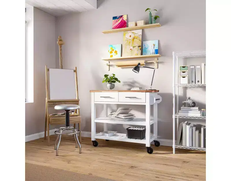 Acacia Wood Top Rolling Kitchen Cart Island Table with Drawers, 38.4 W x 18.5 D, White