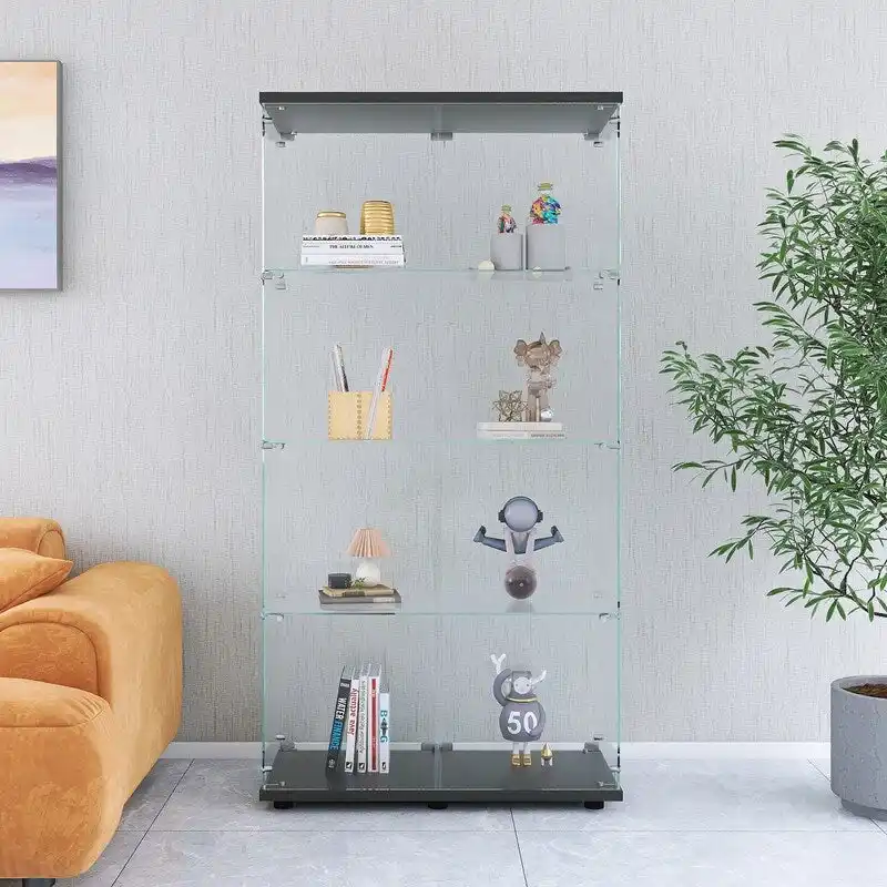 Floor Standing Two-door Glass Display Cabinet 4 Shelves with Door