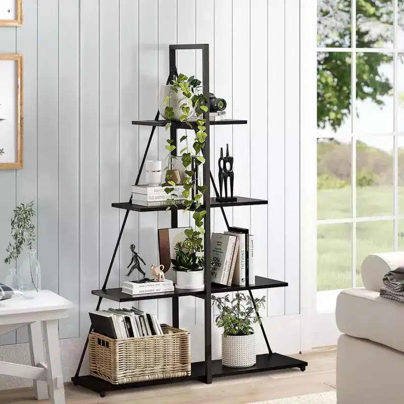 4-Tier Ladder Bookcase with Sailboat A-Shape Structure, Sturdy Display Shelf