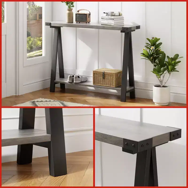2-Tier Console Table with Storage, Farmhouse 43.3 Entryway Table with Metal Frame and MDF, Narrow Sofa Table Behind the Couch for Living Room