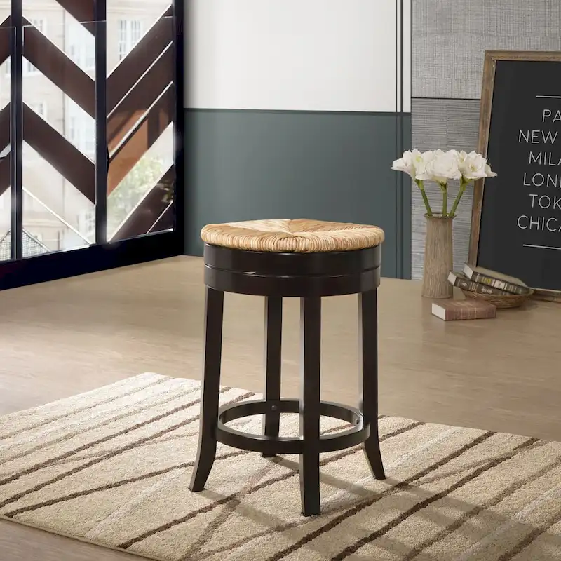 24 Brown and Beige Counter Stool with Swivel Rush Seat