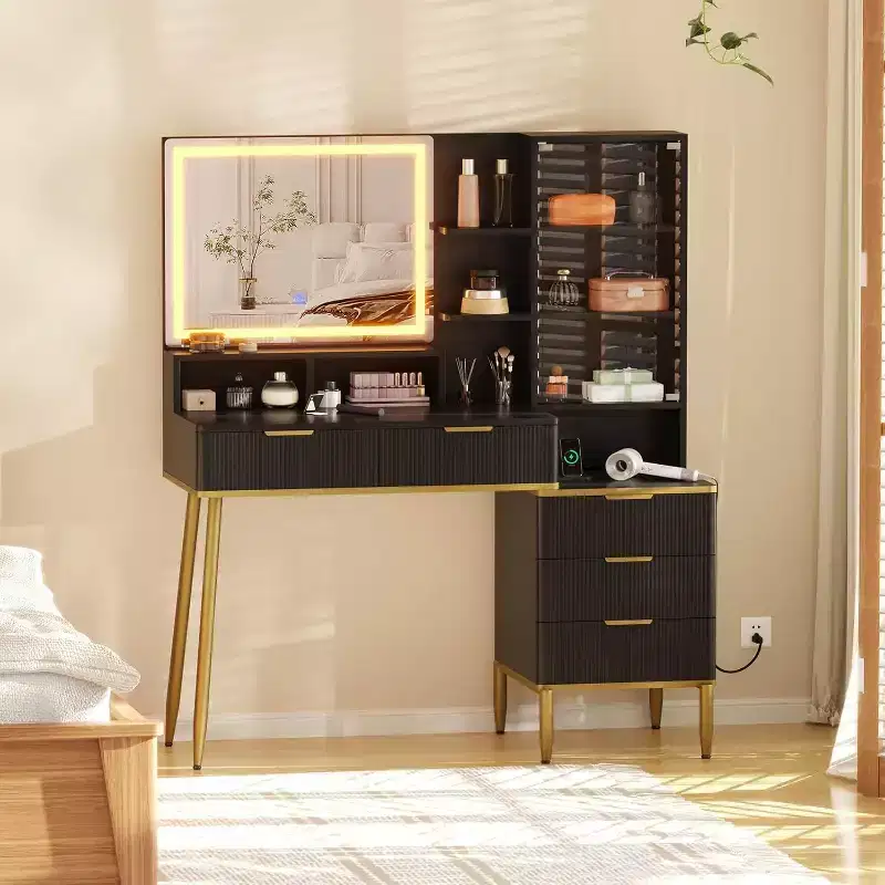 Modern Makeup Vanity Desk with Lighted Mirror, 5 Drawers, Power Outlet & USB Ports, Fluted Dressing Table with Storage Shelf for Women Girls