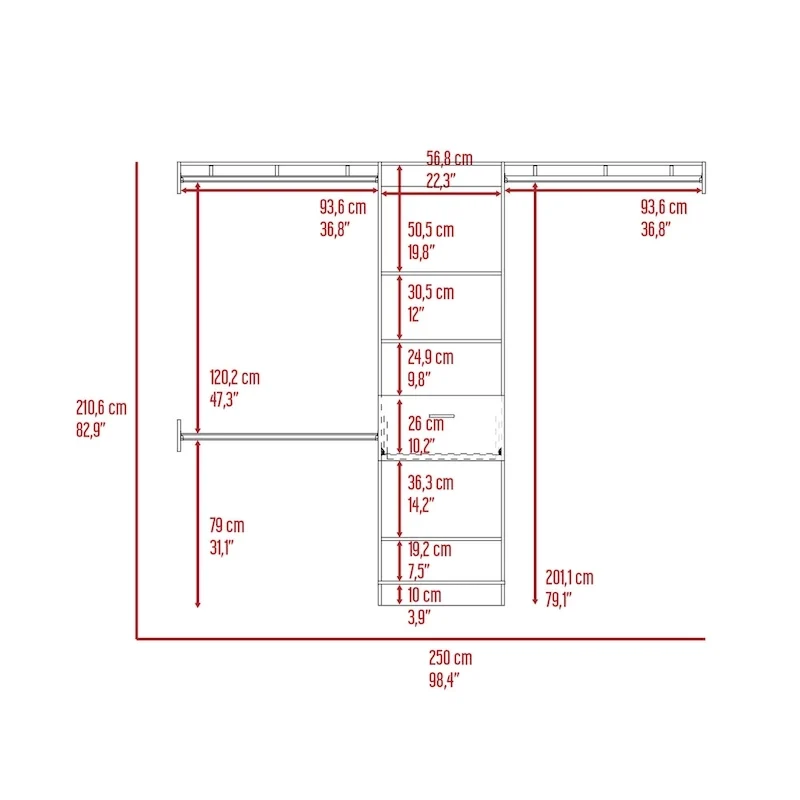 FM Furniture Cross Closet System with Drawer, 3 Metal Rods, and 5 Open Shelves