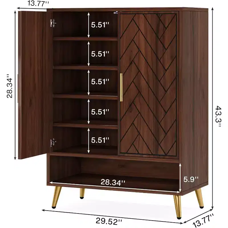 6-Tier Entryway Shoe Cabinet with Doors for 24 Pairs, Wooden Storage with Adjustable Shelves and Gold Legs for Living Room, Bedroom, Walnut