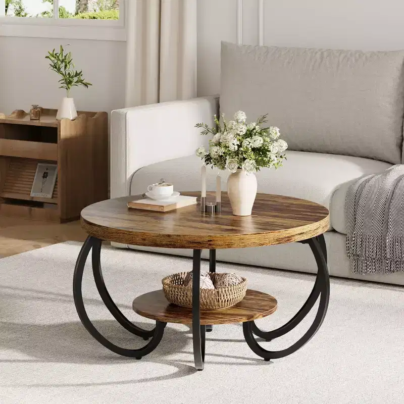 Round Farmhouse Coffee Table with Storage Shelf, 2-Tier Rustic Wood Center Table with Curved Metal Legs