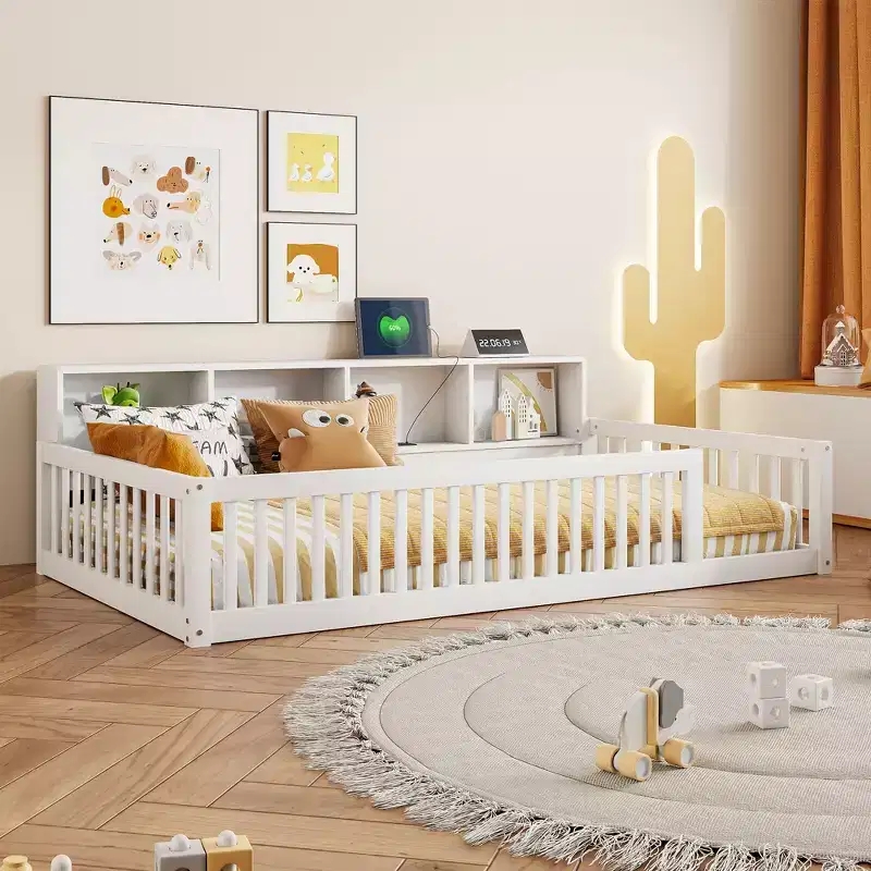 Kids Montessori Floor Bed with Bookcase, Charging Station and Guardrails - Twin XL, White